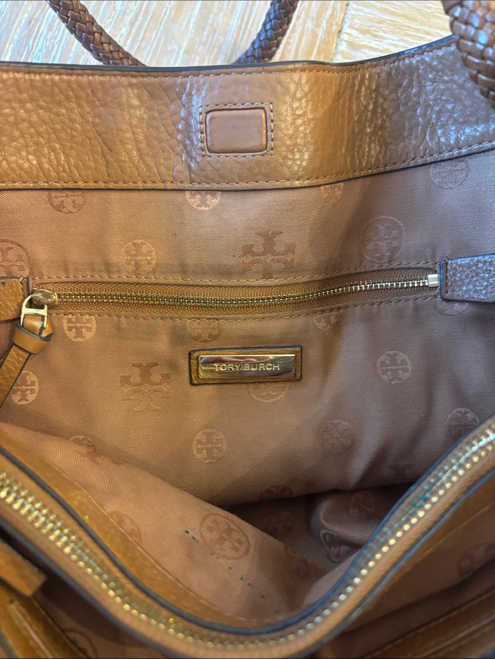 Tory Burch Cognac Braided-Handle Leather Shoulder Bag with Tassel